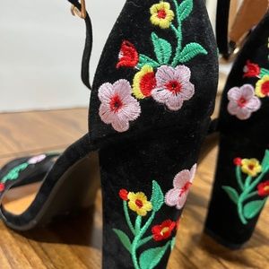 Shoe Republic LA Black Giza Faux Suede Embroidered Floral Open Toe Block Heel  8